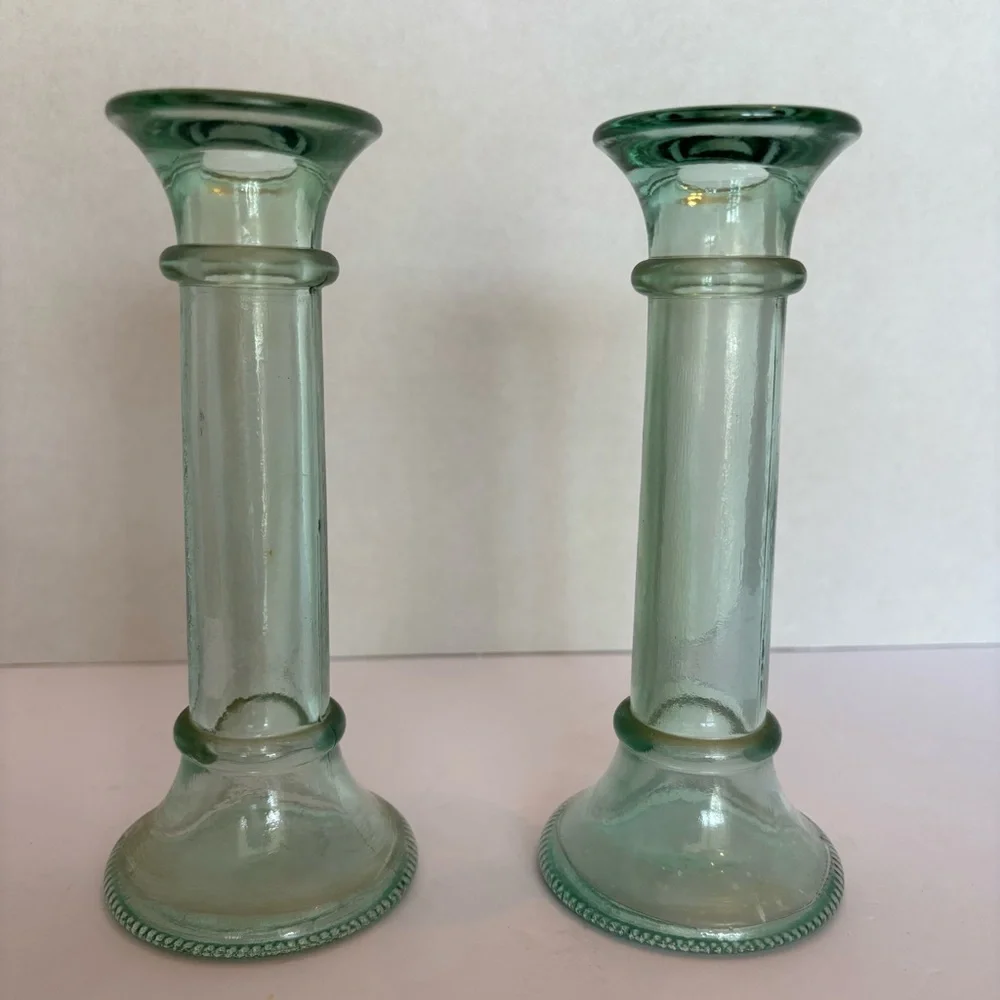 Vintage Pair Green Glass Candle Holders 7